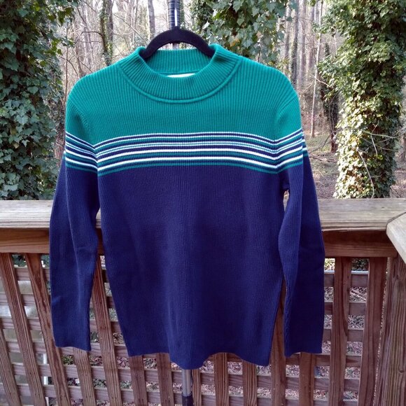 Appleseeds100%Cotton KellyGreen MockNeck White Stripes Navy Torso & Sleeves SzL - Picture 1 of 7